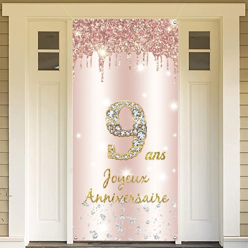 Joyeux 9 Ans Anniversaire Bannière En Or Rose, Décoration De Fête D'anniversaire 9 Ans De Bannière De Porte, Banderoles Pour Fêtes Anniversaire De Fille, Signe De Bienvenue Fête D'anniversaire