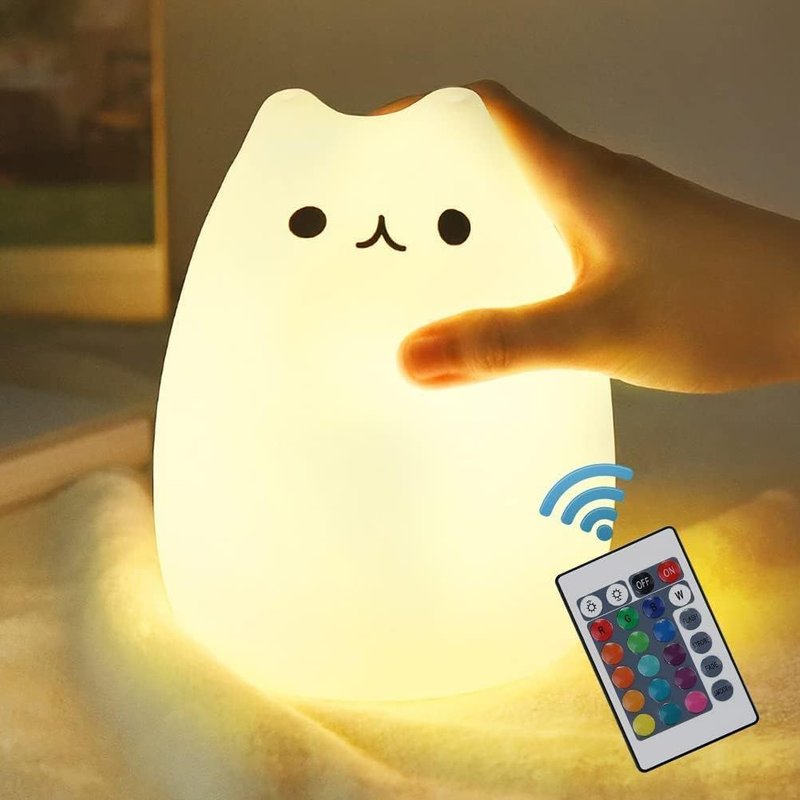 Veilleuse Chat, Télécommande Silicone Chaton Veilleuse Pour Enfants Jeunes Filles Rechargeable Veilleuse Kawaii Mignon Blanc