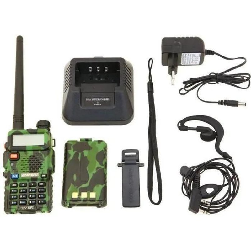 Ywei Baofeng UV-5R Talkie-walkie FM radio VHF-UHF avec double bande, affichage, veille et horloge intégrée (Casque ajouté, Camoufl