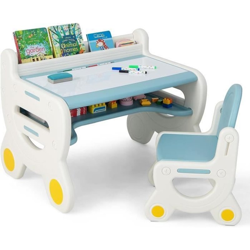 Costway Table Et Chaise Pour Enfants À Dessin - 5 Stylos, Gomme, Espace De Rangement Caché 3-8 Ans Bleu