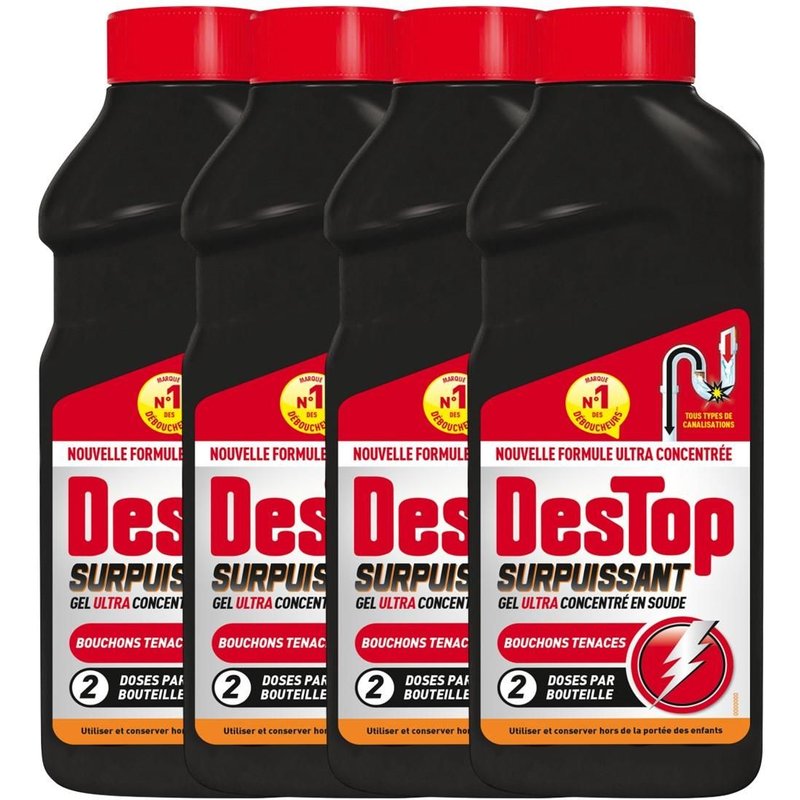 DESTOP Lot de 4 Gels Déboucheur Surpuissant - 2 doses - 500ml