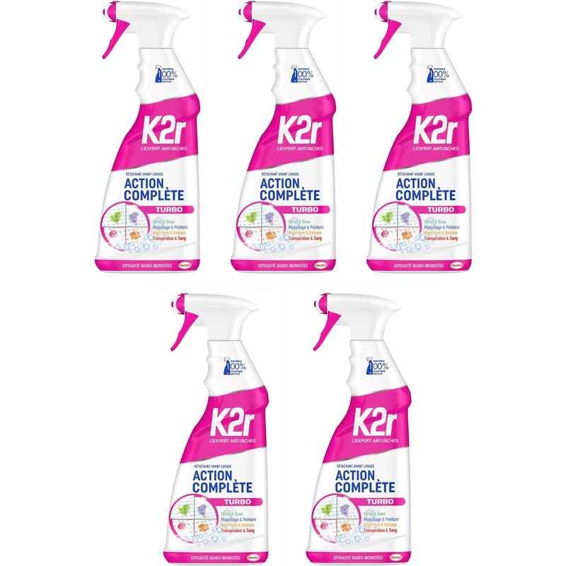 K2r Lot de 5 Actions Complète Turbo ¿ Pistolet (750mL) ¿ Détachant avant-lavage