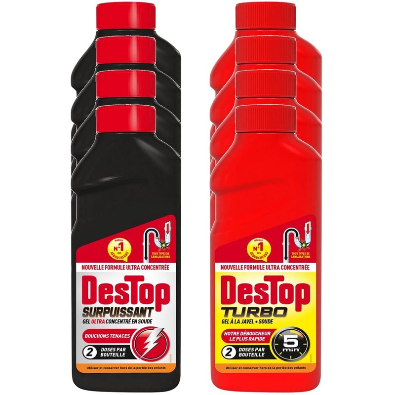 DESTOP Lot de 4 Gels Déboucheur Surpuissant 500ml + Turbo 5 min Javel 500ml