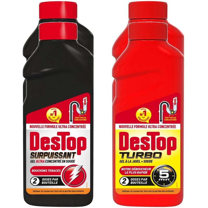DESTOP Lot de 2 Gels Déboucheur Surpuissant 500ml + Turbo 5 min Javel 500ml