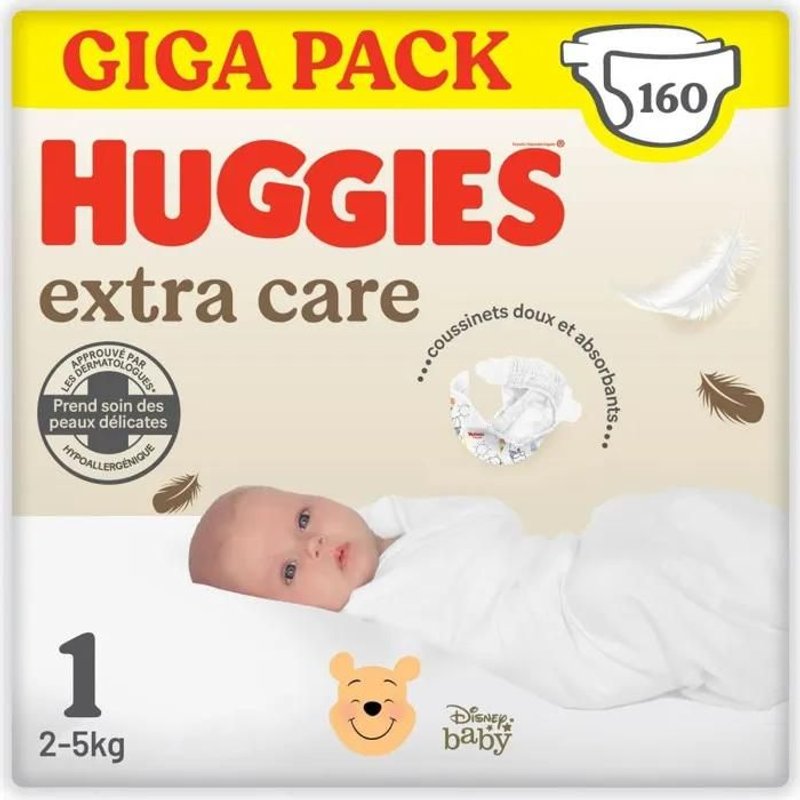 Huggies Extra Care Bébé, 4 Paquets De 40 Couches, Incolore, Taille 1 (2-5 Kg)