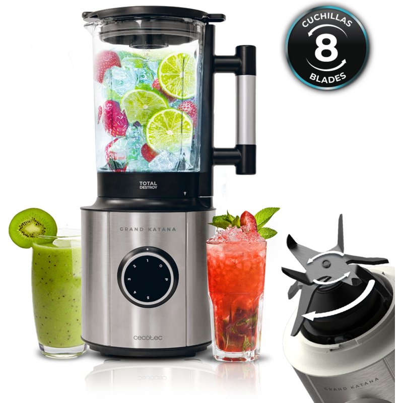 Cecotec Mélangeur en verre Grand Katana 2700MAX Total Destroy B. Puissance nominale 1800 W Max 2700 W, technologie à contre-rotation, lame à revêtement en titane noir à 8 lames, carafe de 1,8 L
