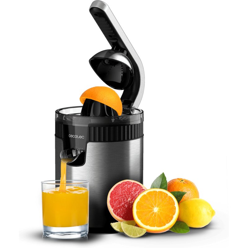 Cecotec Presse-agrumes électrique à bras pour oranges et agrumes Xqueeze RetroJuice 600 Steel. 600W, Style rétro, filtre en acier inox, cône plastique, levier pour extraire la pulpe, Anti-gouttes