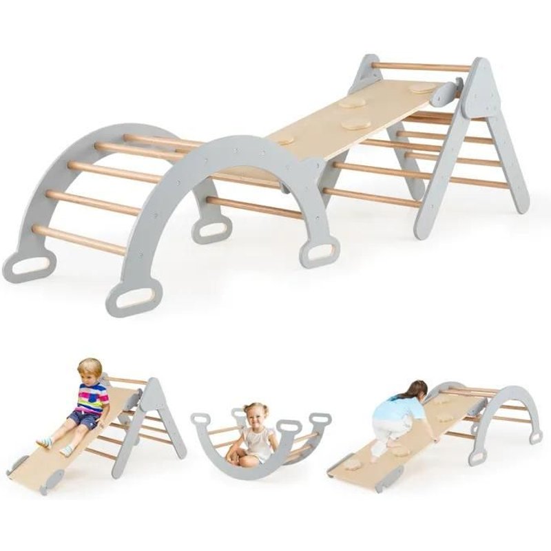 7 En 1 Triangle D'escalade En Bois Costway-Avec Toboggan/Arche/Rampe Double Face-Échelle Réglable-Charge 50kg-Pour Bébé 1+ Ans-Gris