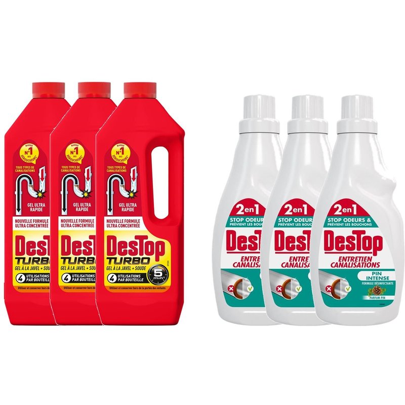 DESTOP Lot de 3 Gels Déboucheur Turbo 5 min Javel + Gel Entretien Canalisations Pin intense