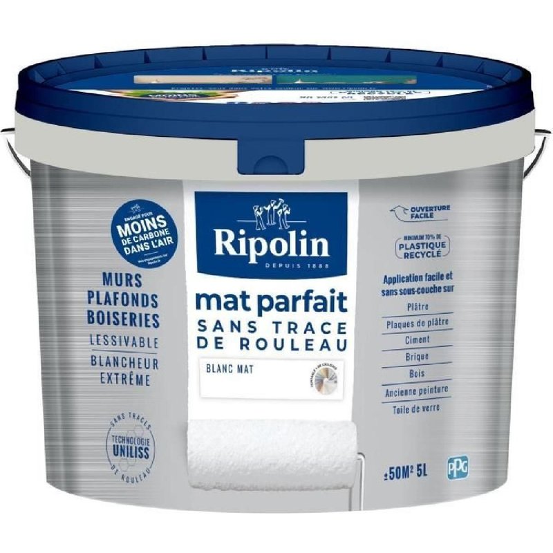 Peinture murs & plafonds parfait - RIPOLIN - 441725 - Blanc - Mat - 5 L