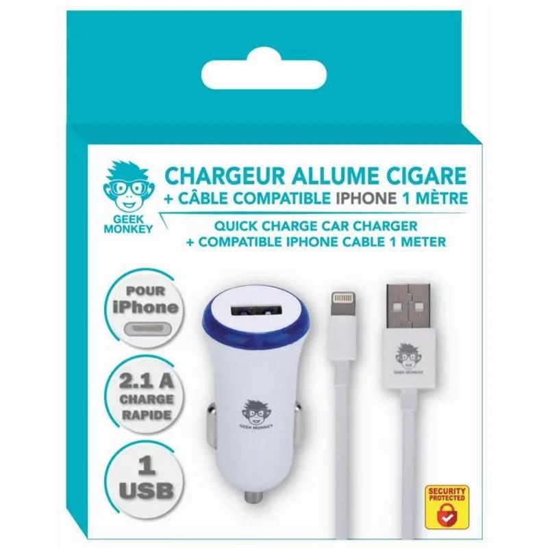 Chargeur Allume-Cigare Blanc 1 Usb 2.1a+Cable Compatible Iphone 1 Mètre 2.1 Usb