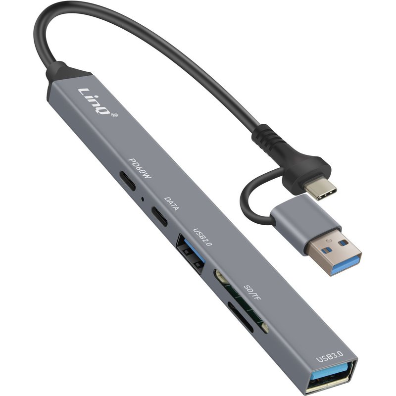 Hub USB Support OTG USB-C Power Delivery 60W et Lecteur Carte SD / TF LinQ Gris