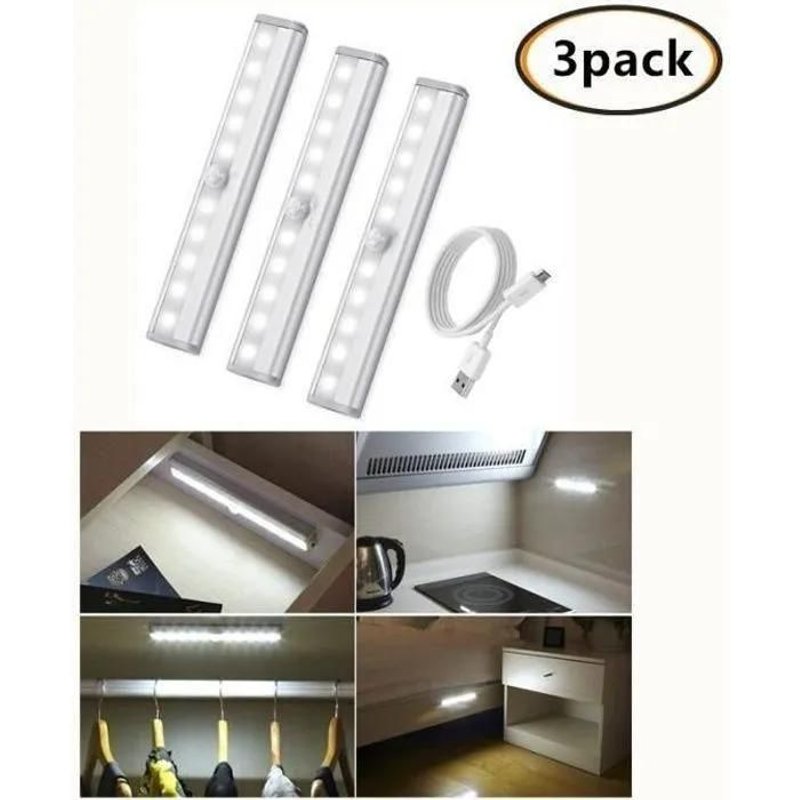 3pcs Lampe Détecteur De Mouvement, Lampe De Placard, Usb Rechargeable Veilleuse Led,10 Led Lampe Escalier-Blanc,Pour Cabinet Pende