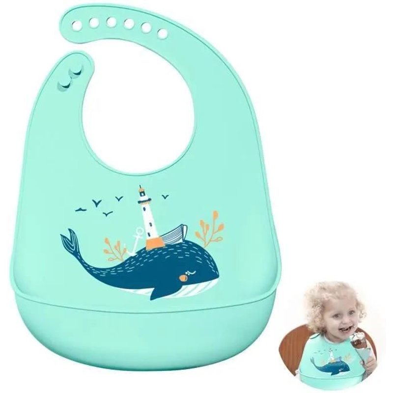 Bavoir En Silicone - Onever - Baleine Verte - Fonctionnel - Ajustable - Pliable