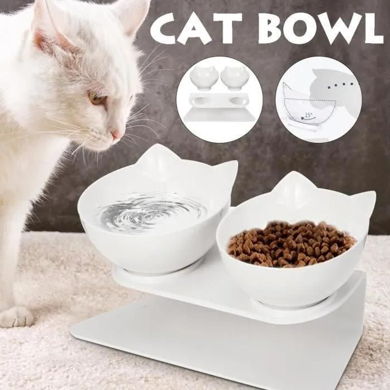 Gamelle Anti-Dérapant Double Bols Mangeoires Chat Chien - Nourriture Distributeur Eau Dia. 13cm - Blanc