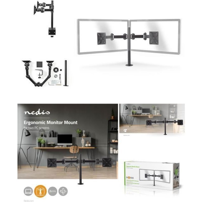 Support Ecrans Moniteurs Ergonomique 2 écrans 14-24 " 75x75 / 100x100 Mouvement Intégral
