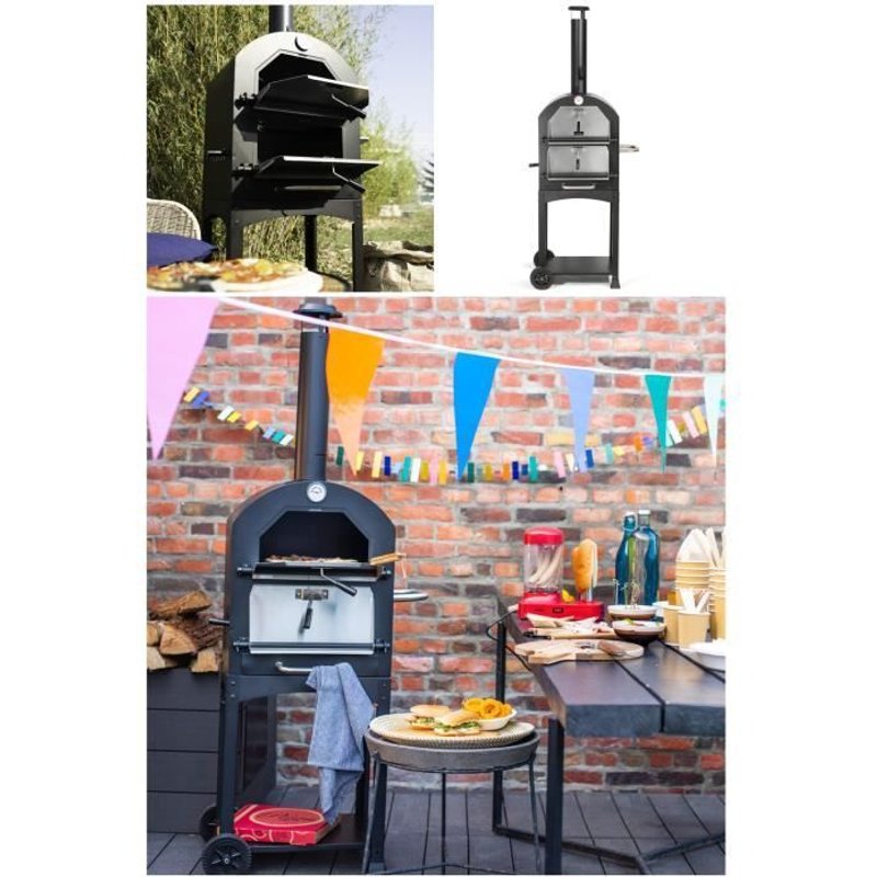 Four à Pizza double grille métal peint avec thermomètre intégré pierre à pizza réfractaire pour bois ou charbon