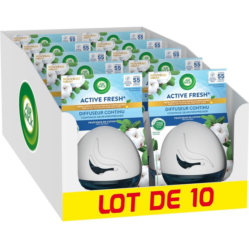 AIR WICK Lot de 10 Diffuseurs Continu Active Fresh Coton Flacon de 75 ml