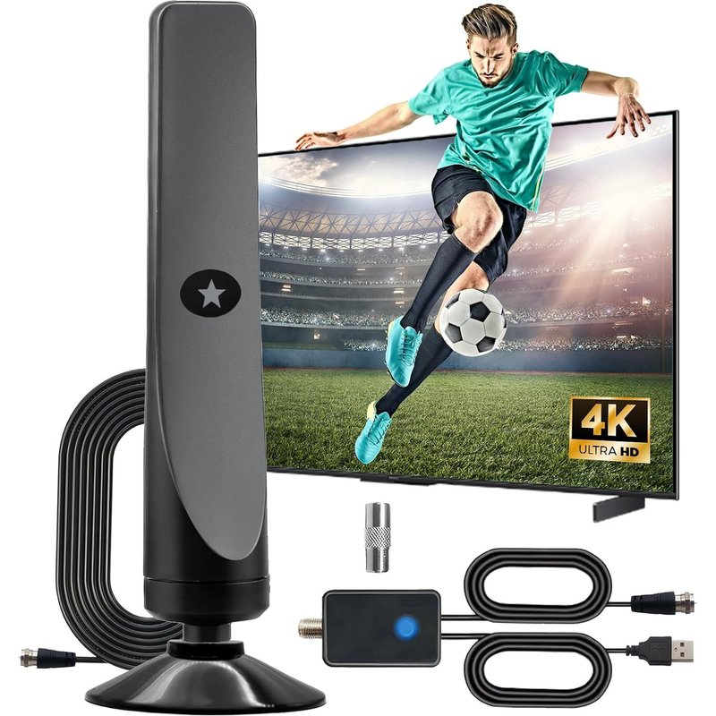 Amplificateur Antenne TV Intérieure Puissante TNT HD,Antenne TV avec Amplificateur de Signal à Gain Élevé,80KM 360° Réception Longue Portée,Compatible 4K 1080P VHF UHF,Câble Coaxial de 300cm(Q1047)