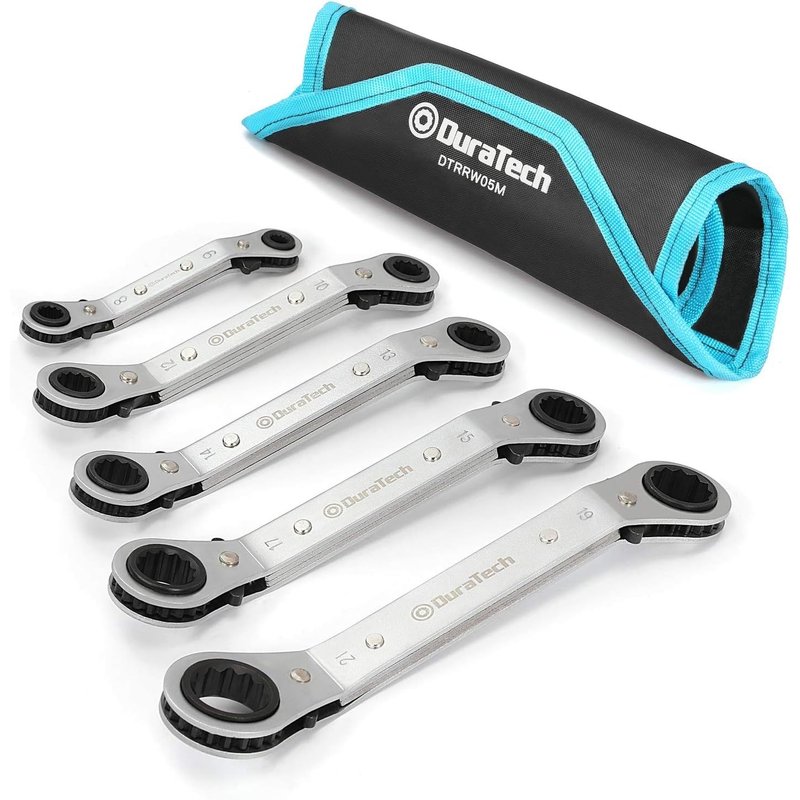 Lot de 5 clés à cliquet réversibles à double anneau - 6 mm-21 mm - Avec pochette de transport