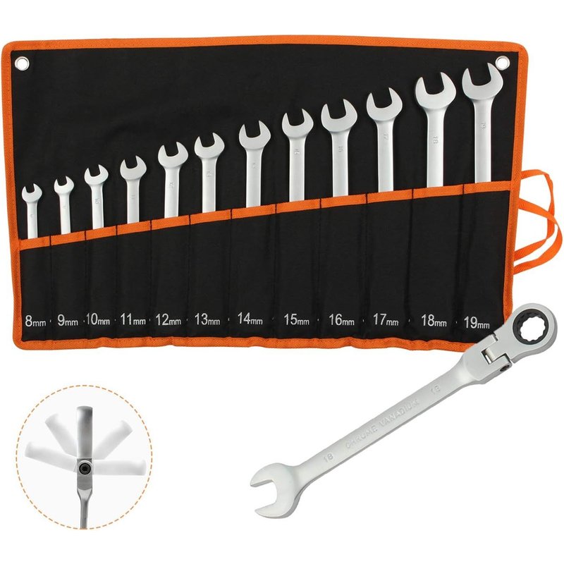 Jeu de clés mixtes avec sac de transport, 12 pièces Cles plates a cliquet, Cle mixte 8-19 mm, Jeu de clés Métrique