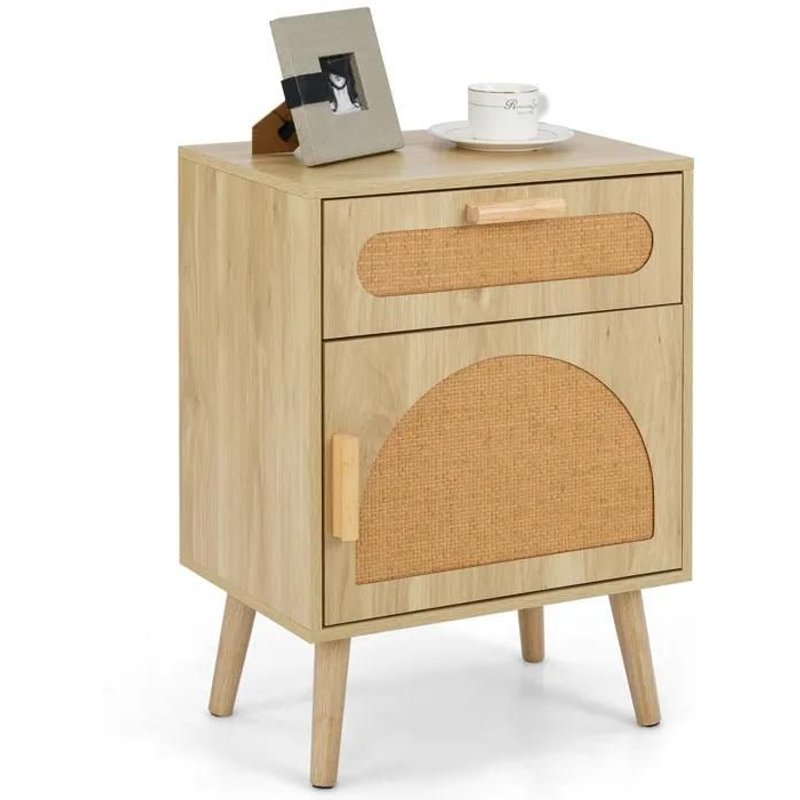 Costway Table De Chevet Avec Tiroir Et Porte En Rotin, Pieds En Bois, Table De Nuit Pour Salon, Chambre, 45 X 30 X 61 Cm