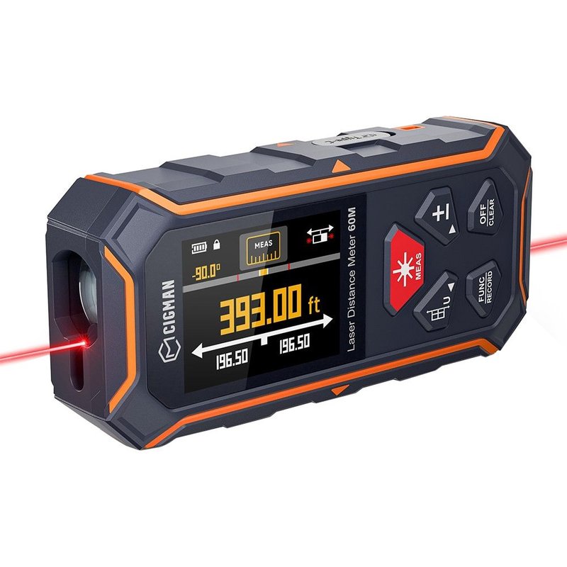 Télémètre laser bilatéral rouge CIGMAN CD-60R 393 pi/120 m, écran LCD, avec 6 unités pi/po/m, capteur d'angle, mode de mesure multiple, dos magnétique