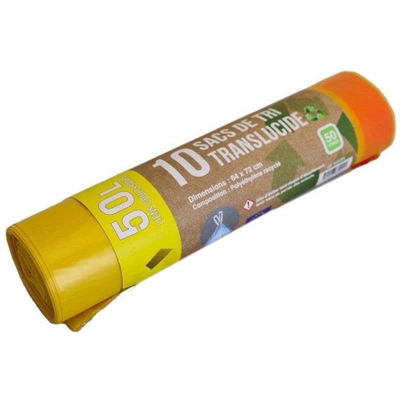 Sacs poubelles de tri jaune transparent avec lien coulissant, rouleau de 10 pièces, 70 x 68 x 25cm, 50 litres