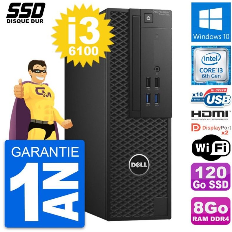 PC Dell Precision T3420 SFF Core i3-6100 RAM 8Go SSD 120Go HDMI Windows 10 Wifi
