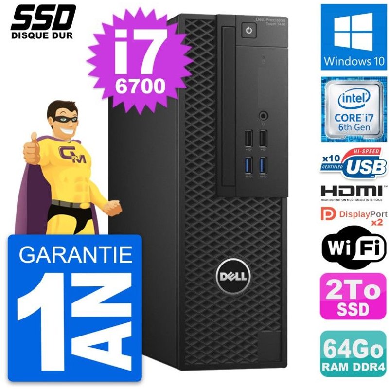 PC Dell Precision T3420 SFF Core i7-6700 RAM 64Go SSD 2To HDMI Windows 10 Wifi