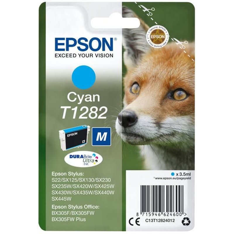 Epson T1282 - Taille M - cyan - original - emballage coque avec alarme radioélectrique/ acoustique - cartouche d'encre - pour Stylus S22, SX230, SX235, SX420, SX430, SX435, SX438, SX440, SX445;...