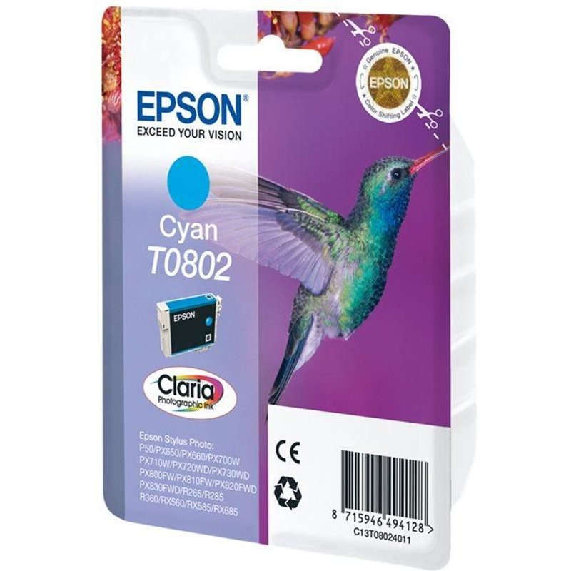 Epson T0802 - Cyan - original - emballage coque avec alarme radioélectrique/ acoustique - cartouche d'encre - pour Stylus Photo P50, PX650, PX660, PX700, PX710, PX720, PX730, PX800, PX810, PX820...