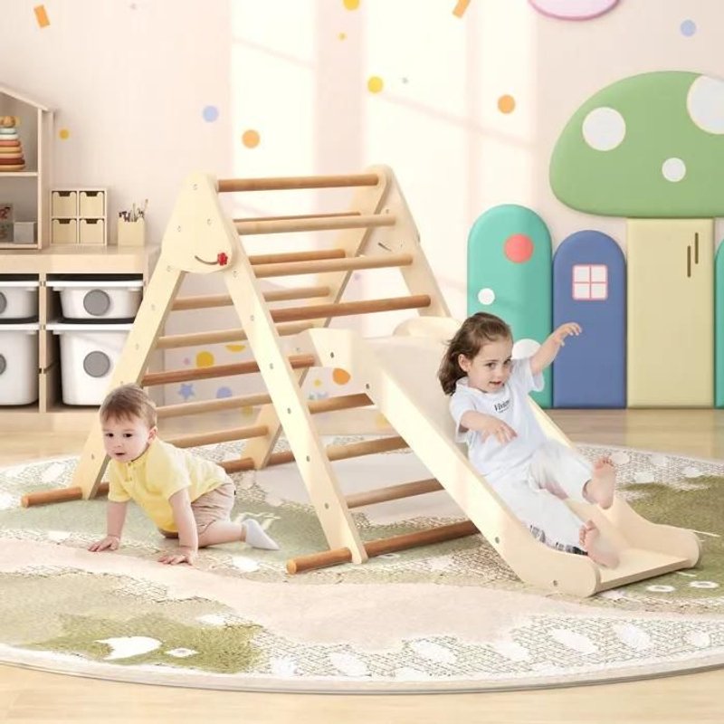 Costway Toboggan 2 En 1 Avec Triangle D'escalade Pliable En Bois De Hêtre Solid Aire De Jeux Intérieur Pour 1 An+