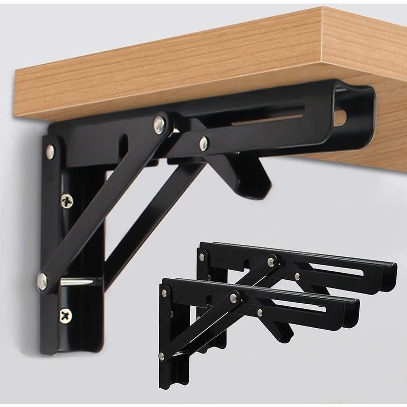 2 Pcs Folding Shelf Brackets 8 Pouces Noir Heavy Duty Metal Triangle Table Bench Collapsible Shelf Bracket, Shelf Support Bracket Hinge Wall Mounted