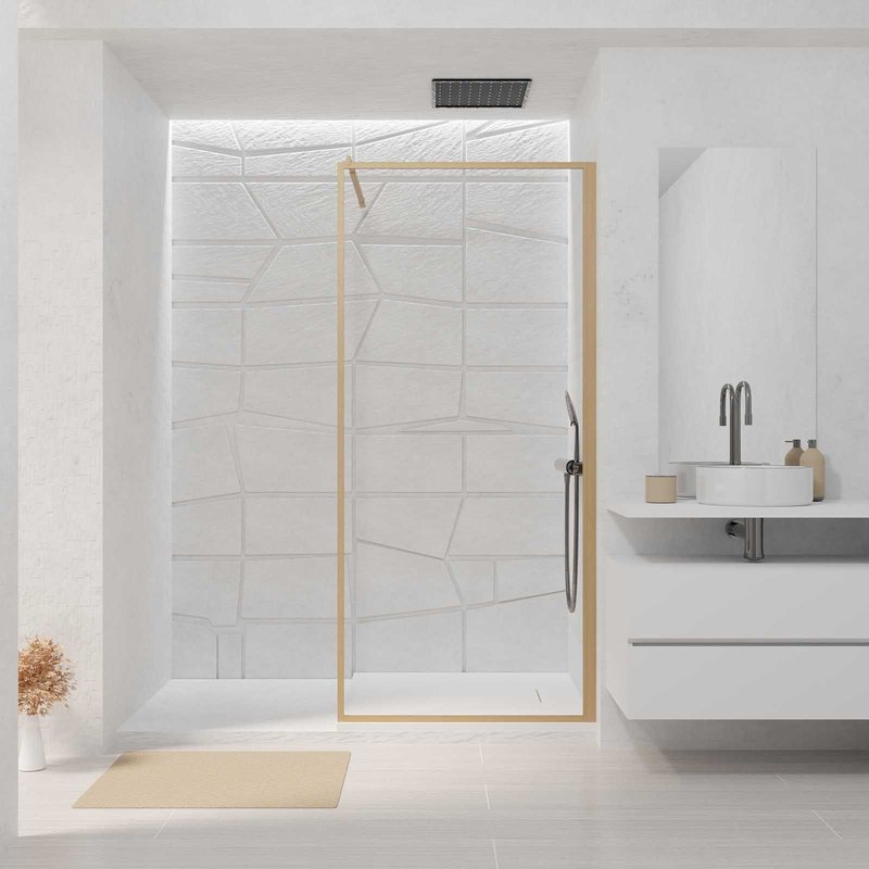 Paroi de Douche 90x200 cm - Cadre et Bras Aluminium Décor Bois - WOODEN CONTOURING