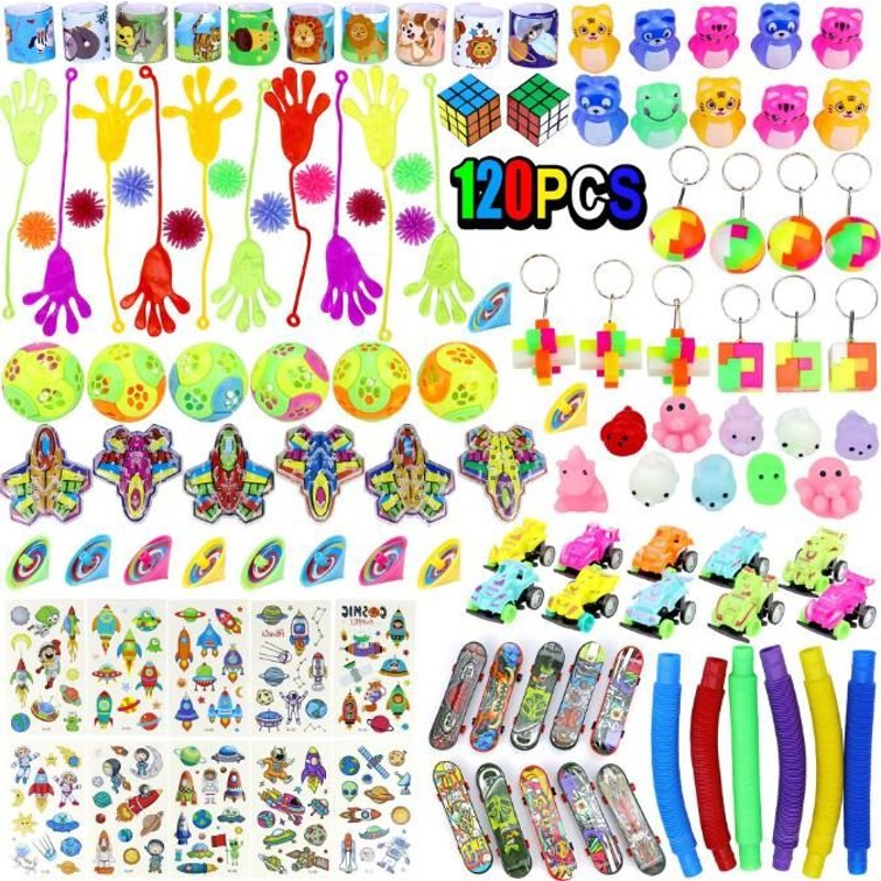 Assortiment de Jouets,120 PCS School Award Petits jouets Pinata Fillers Cadeau de Classe mit spirales arc-en-ciel, Toupie, Tatouage Enfant