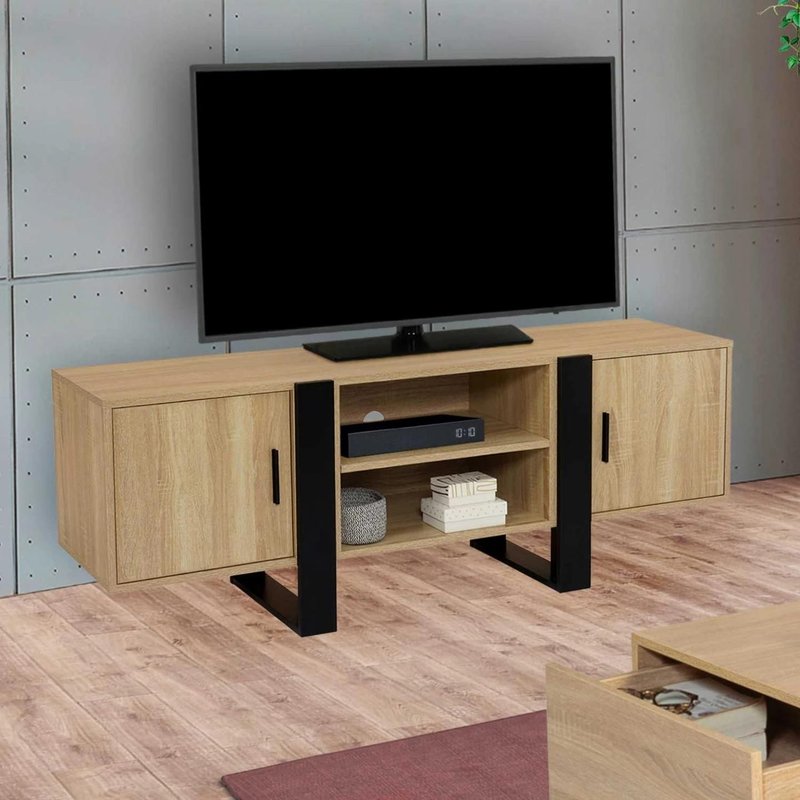 Meuble Tv Phoenix Xl 2 Portes Bois Et Noir 140 Cm