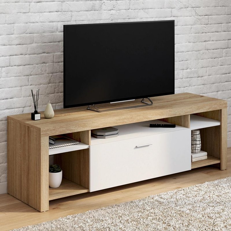 Meuble Tv 140 Cm Malo Bois Et Placard Blanc