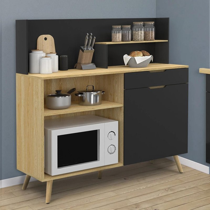 Buffet Bas De Cuisine 120 Cm Olaf Plan De Travail H.83 Cm 1 Porte + 1 Tiroir Façon Hêtre Et Noir
