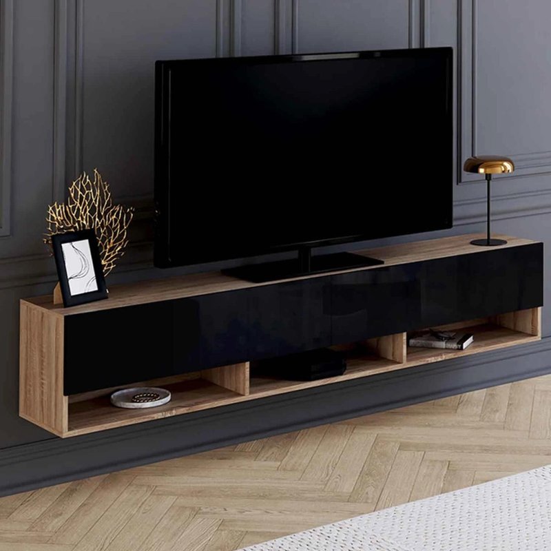 Idmarket Meuble Tv 180 Cm Suspendu Elio 2 Portes Avec Étagère Bois Et Noir