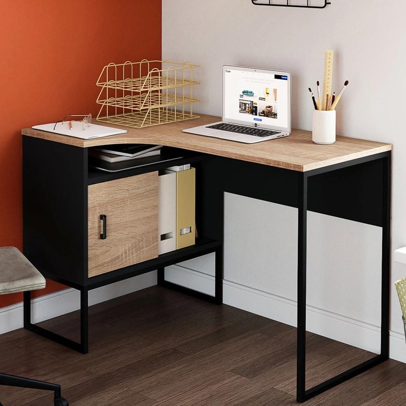 Bureau D'angle Rob Noir Et Façon HĂȘtre Niche De Rangement Et Porte Design Industriel