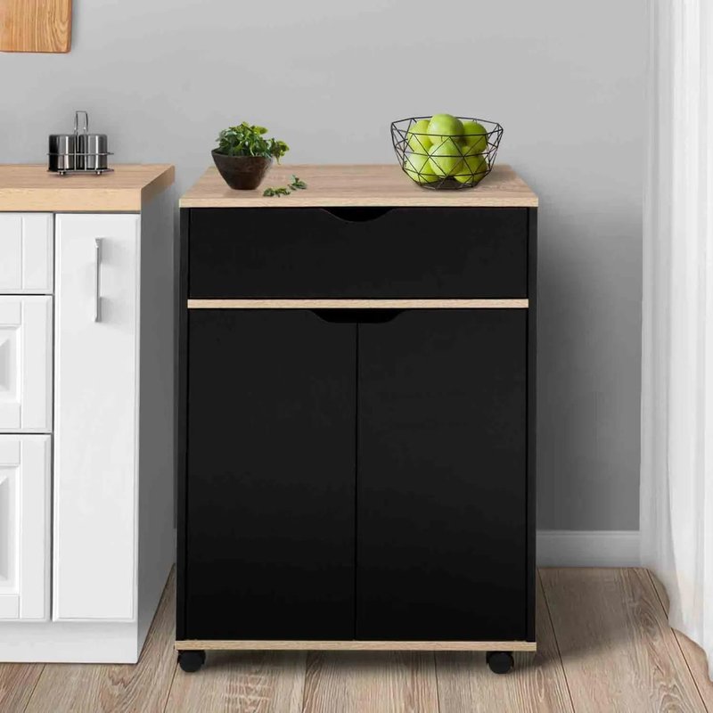 Desserte De Cuisine Cosy Placard Avec Tiroir Bois Noir Et Plateaux Façon HĂȘtre L.60 Cm