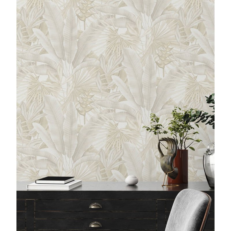 Papier peint nature Profhome 396474-GU papier peint intissé gaufré à chaud légèrement texturé au design de jungle mat beige blanc-crème gris blanc 5,33 m2