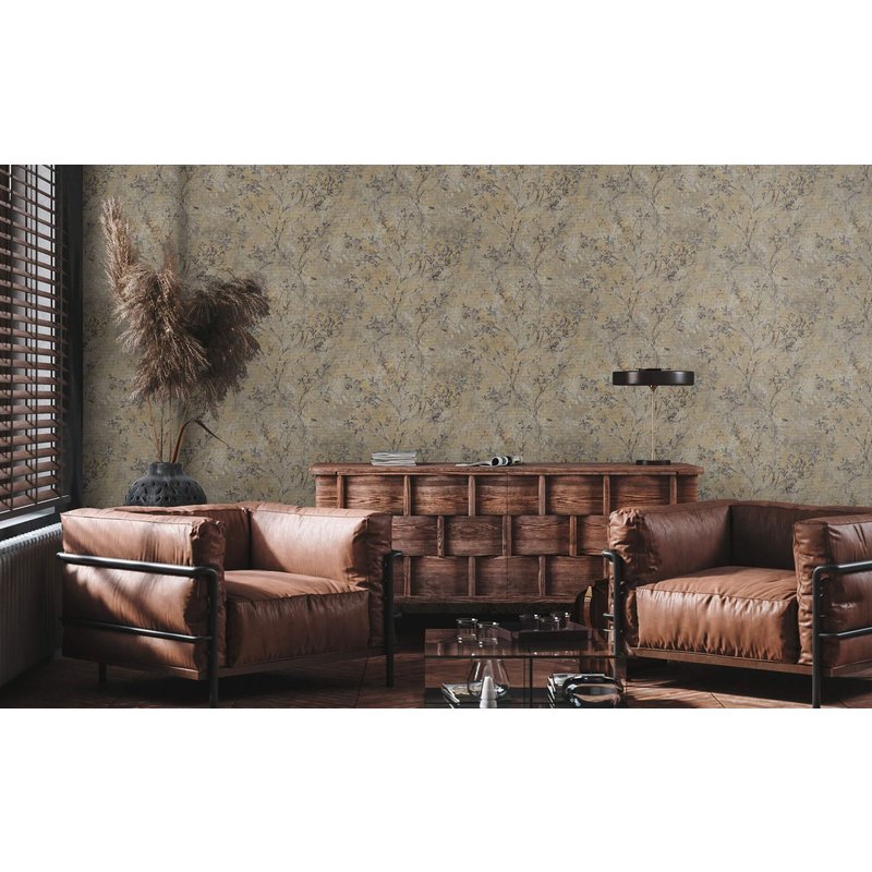 Papier peint style country Profhome 396501-GU papier peint intissé gaufré à chaud légèrement texturé avec des ornements floraux et des accents métalliques brun gris or 5,33 m2