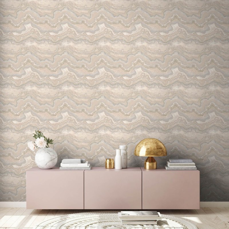 Papier peint à motifs graphiques Profhome 396596-GU papier peint intissé gaufré à chaud texturé à l'aspect marbre et un effet métallique beige blanc-crème argent 5,33 m2