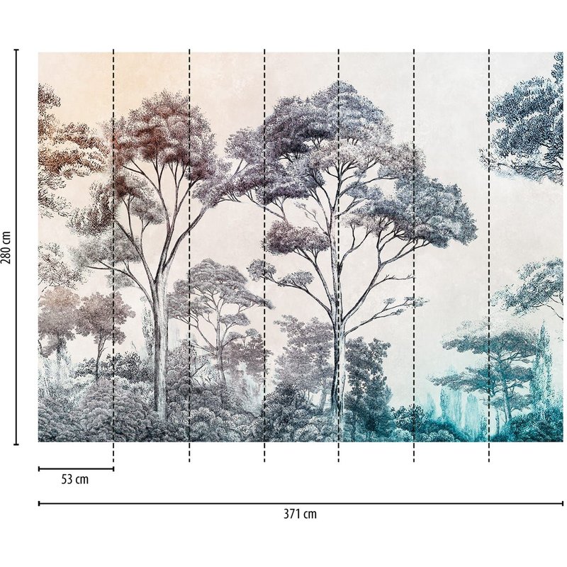 Papier peint photo Profhome 399021-GU papier peint intissé gaufré à chaud lisse avec motif forêt mat crème bleu orange brun 3,71 m x 2,8 m