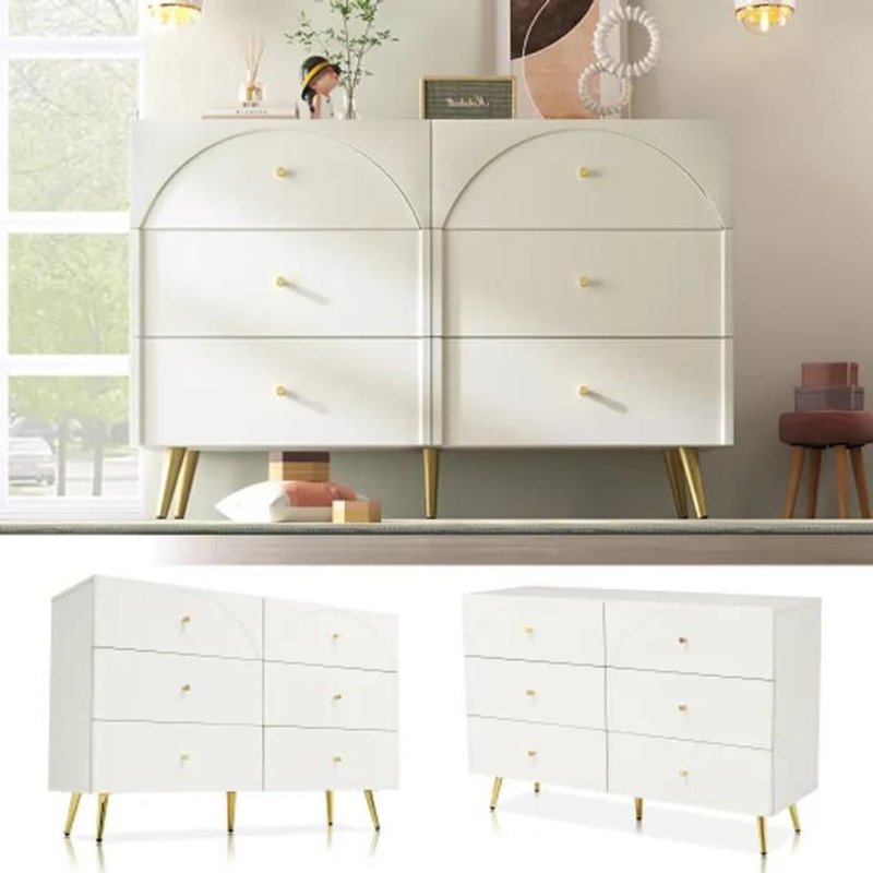 Meuble À Tiroirs Meuble À Tiroirs, 6 Tiroirs, Panneaux Latéraux Blancs Meuble Haut, Crème -H85/B120/T40 Cm