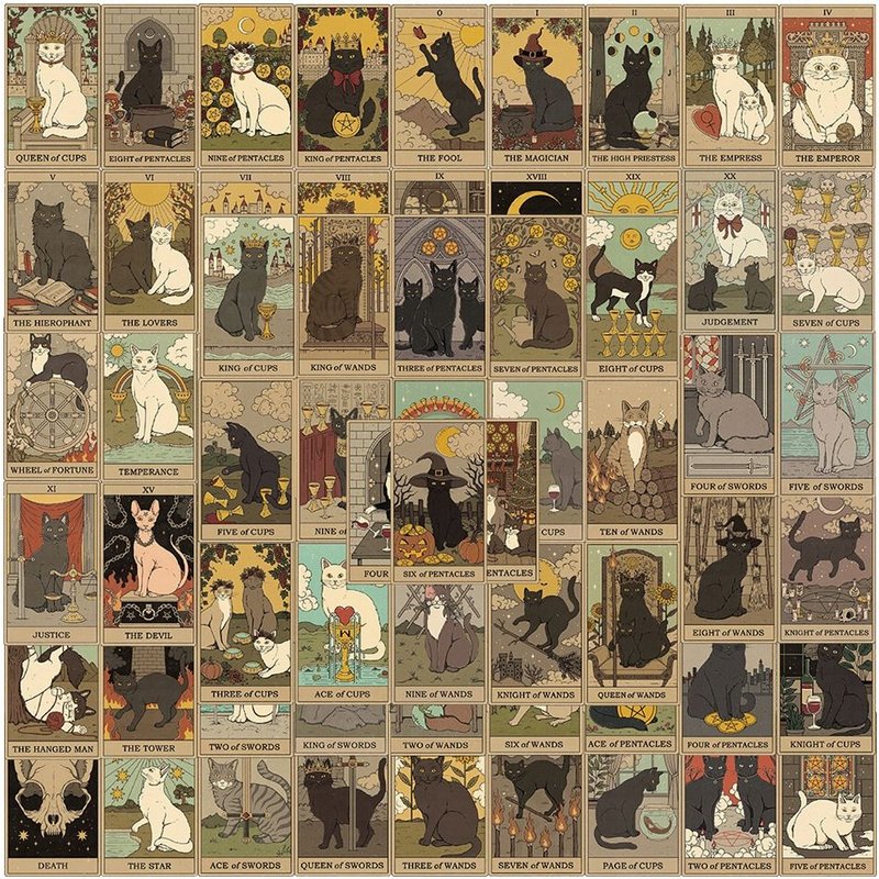 Lot De 100 Autocollants De Cartes De Tarot Rétro Avec Chats