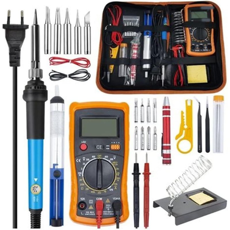 25 in1 Fer à Souder Kit, 60W Température Réglable avec Multimètre Numérique 200 450¿ Électrique de Precision 5 Pointe de Soudage,Pompe à Dessouder,Station de Soudage