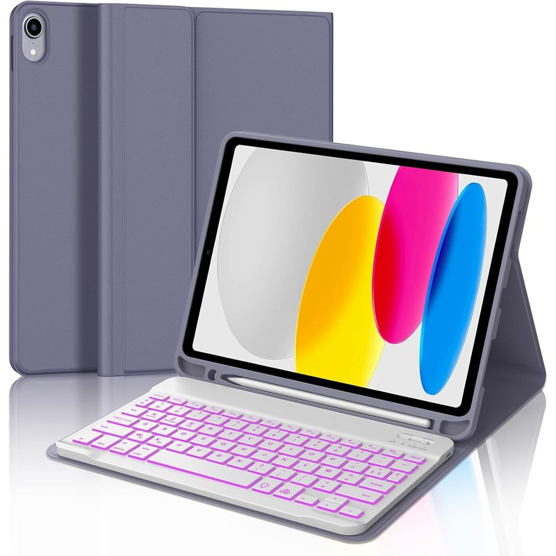 Clavier iPad 10ème Génération 2022 10.9 Pouces, Clavier AZERTY sans Fil Bluetooth Eclairage 7 Couleurs pour iPad 10eme Génération 2022 avec Fonction de Ranger Le Stylet, Violet Lavande